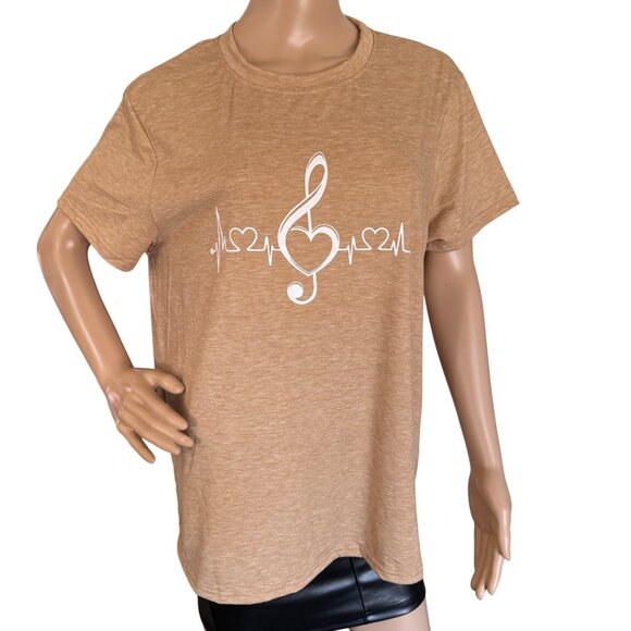 Music Heartbeat Treble Clef Tee Womens XL Tan Musiccore Casual Top - Picture 2 of 10